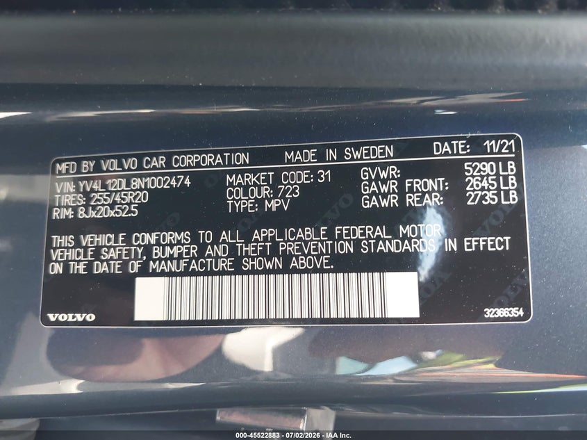 2022 Volvo Xc60 B5 Inscription VIN: YV4L12DL8N1002474 Lot: 45522883