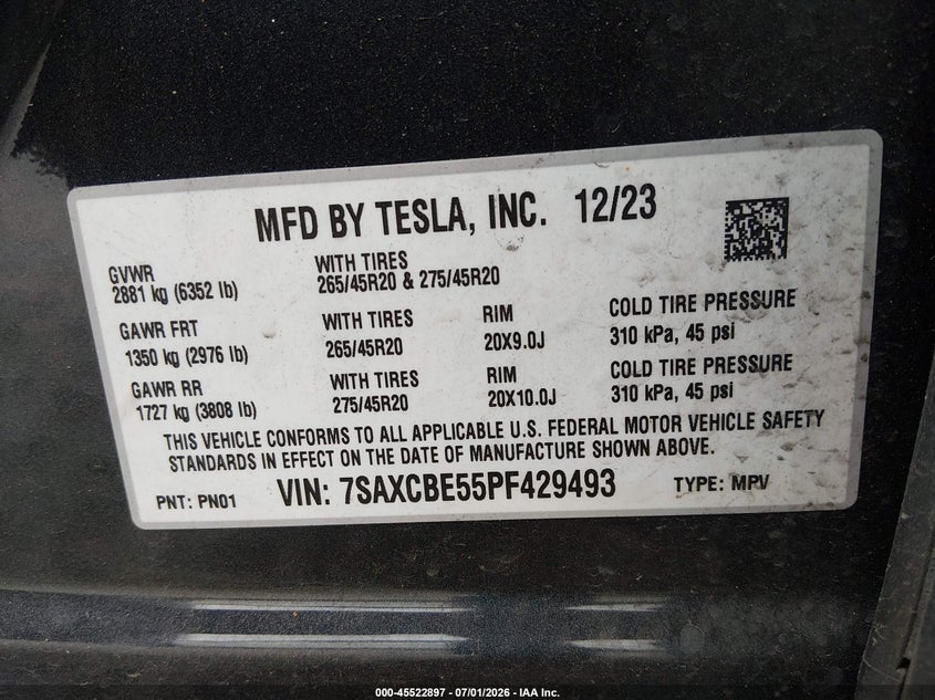 2023 Tesla Model X Dual Motor All-Wheel Drive/Standard Range VIN: 7SAXCBE55PF429493 Lot: 45522897