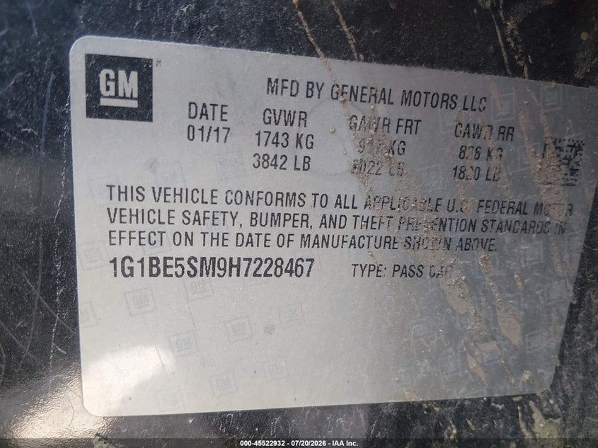 2017 Chevrolet Cruze Lt Auto VIN: 1G1BE5SM9H7228467 Lot: 45522932