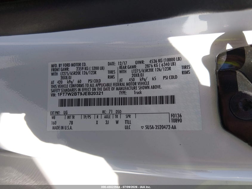 FORD F-250 2018 VIN 1FT7W2BT9JEB20321