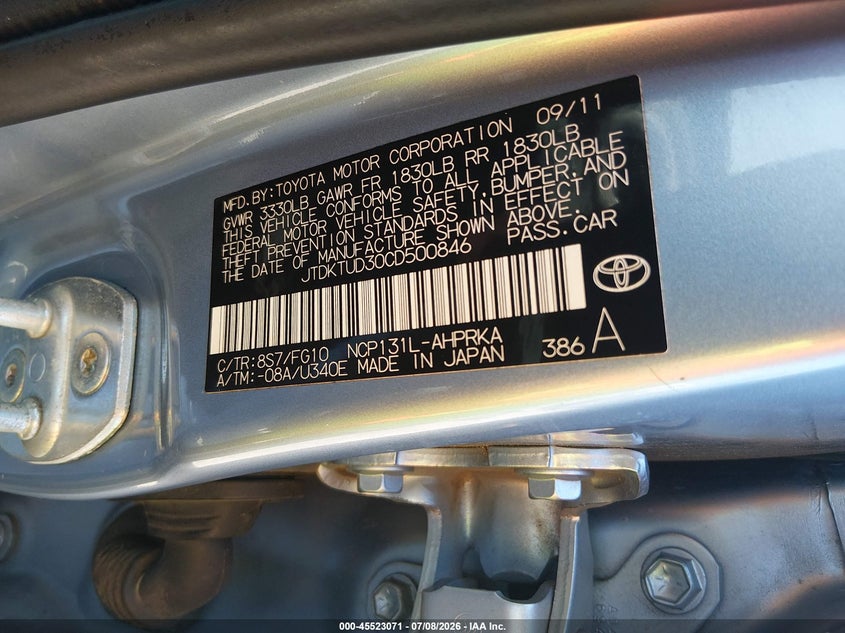 2012 Toyota Yaris Le VIN: JTDKTUD30CD500846 Lot: 45523071