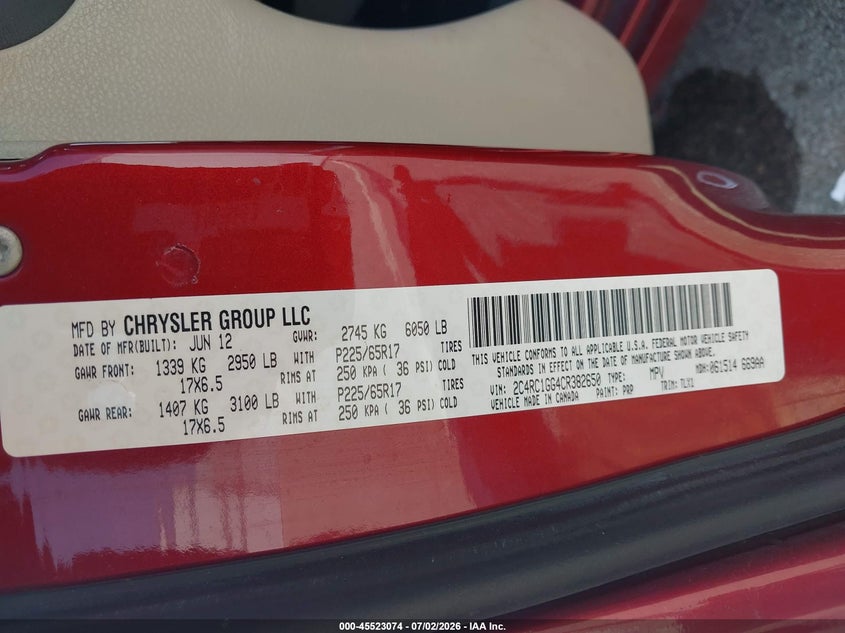 2012 Chrysler Town & Country Limited VIN: 2C4RC1GG4CR382650 Lot: 45523074