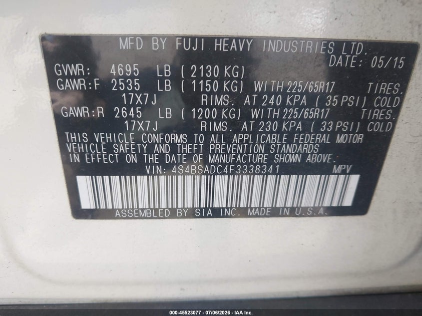 2015 SUBARU OUTBACK 2.5I PREMIUM — Photo 9