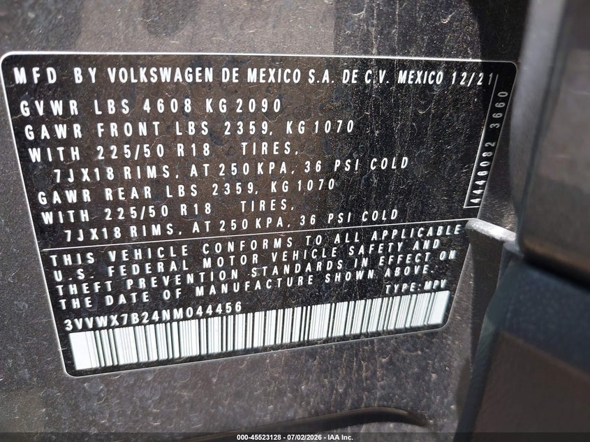 2022 Volkswagen Taos 1.5T Se VIN: 3VVWX7B24NM044456 Lot: 45523128