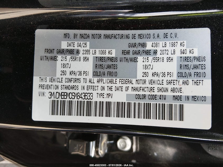 2025 Mazda Cx-30 2.5 S Select Sport VIN: 3MVDMBBM0SM843633 Lot: 45523303
