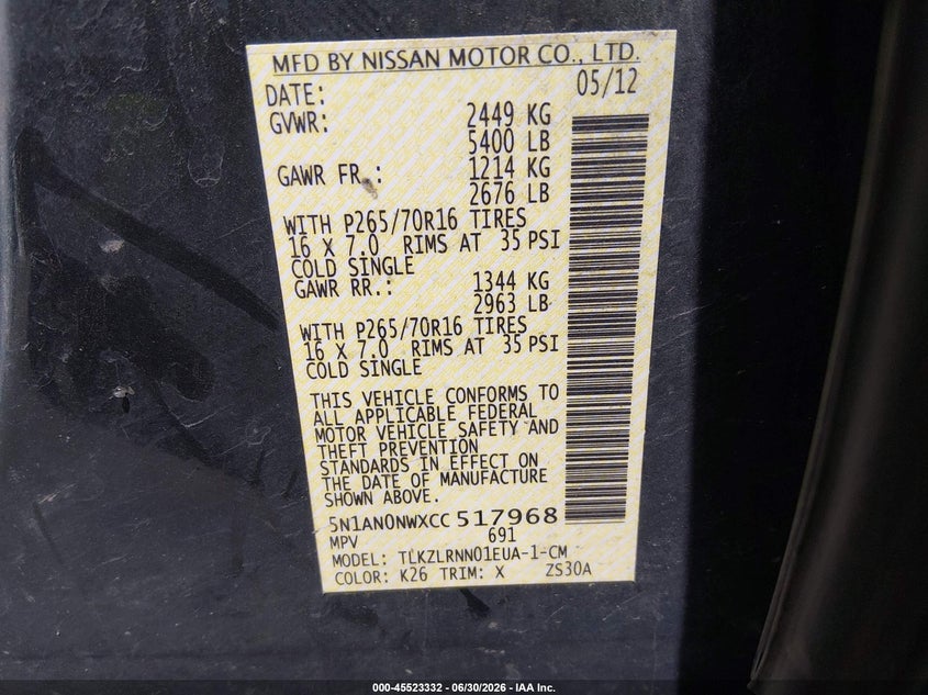 2012 Nissan Xterra S VIN: 5N1AN0NWXCC517968 Lot: 45523332
