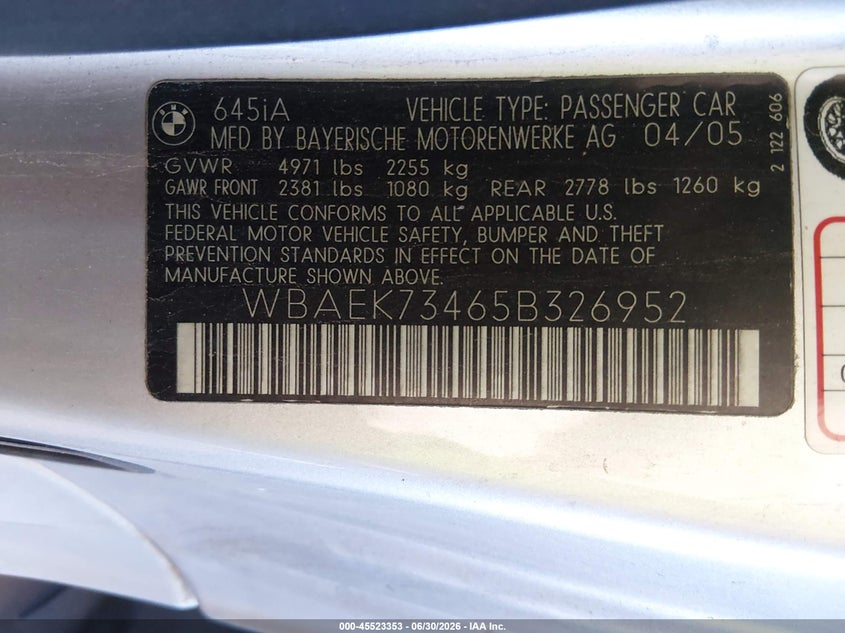 2005 BMW 645Ci VIN: WBAEK73465B326952 Lot: 45523353