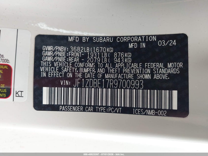 2024 Subaru Brz Limited VIN: JF1ZDBE17R9700993 Lot: 45523397