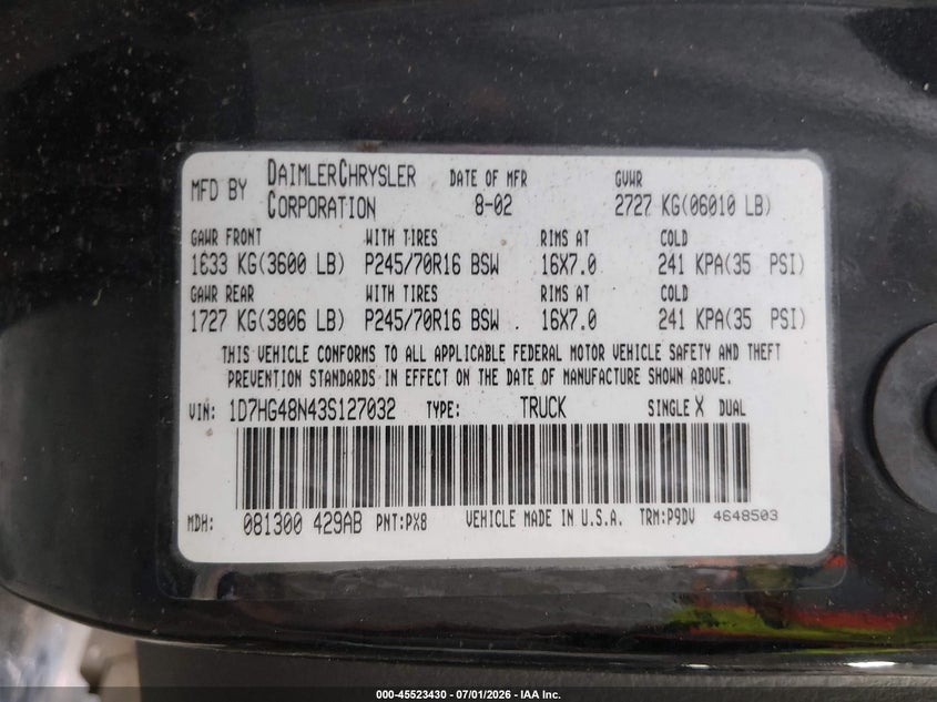 2003 Dodge Dakota Slt VIN: 1D7HG48N43S127032 Lot: 45523430