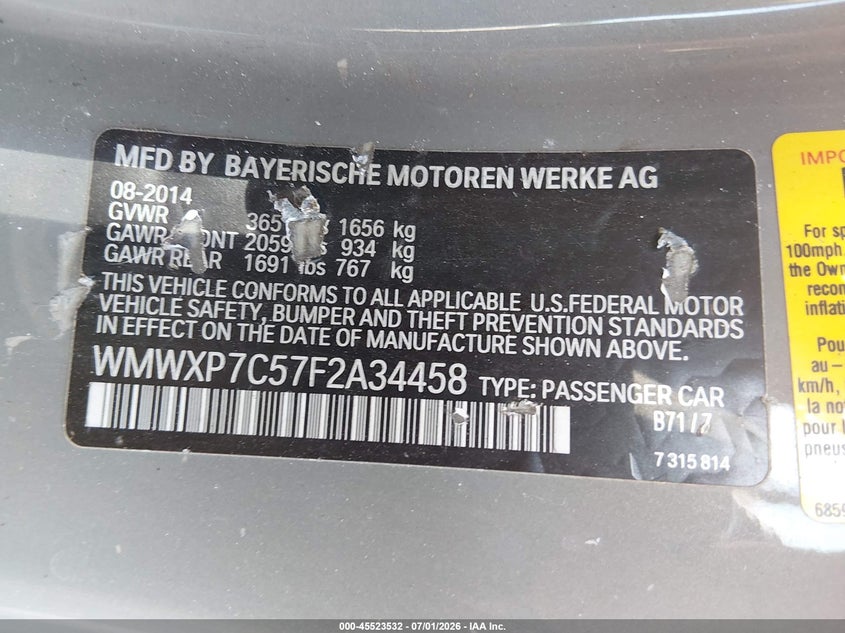 2015 Mini Hardtop Cooper S VIN: WMWXP7C57F2A34458 Lot: 45523532