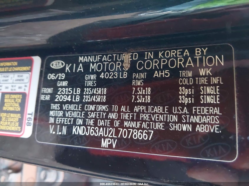 KIA SOUL 2020 VIN KNDJ63AU2L7078667