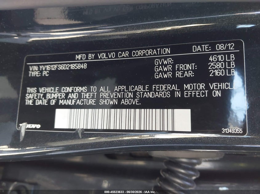 2013 Volvo S60 T5/T5 Platinum/T5 Premier/T5 Premier Plus VIN: YV1612FS6D2185848 Lot: 45523633