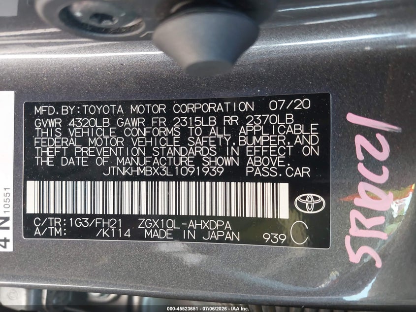 2020 Toyota C-Hr Le VIN: JTNKHMBX3L1091939 Lot: 45523651