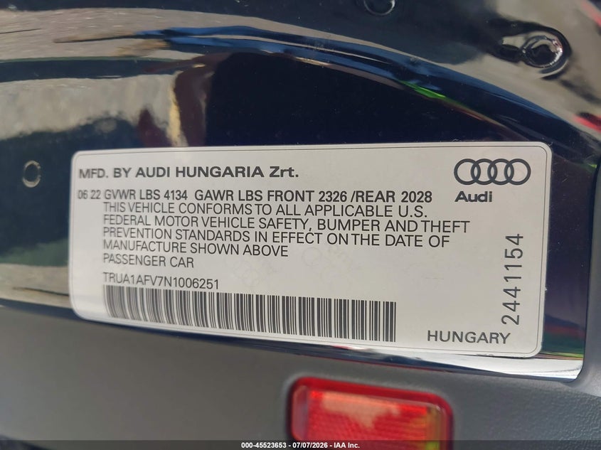 2022 Audi Tts Tfsi Quattro S Tronic VIN: TRUA1AFV7N1006251 Lot: 45523653