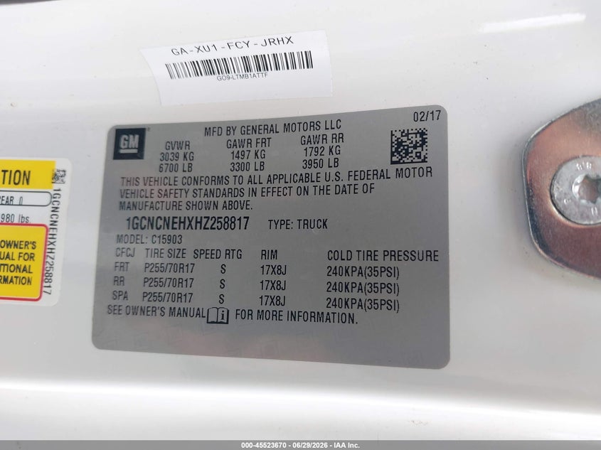 2017 Chevrolet Silverado 1500 Work Truck VIN: 1GCNCNEHXHZ258817 Lot: 45523670