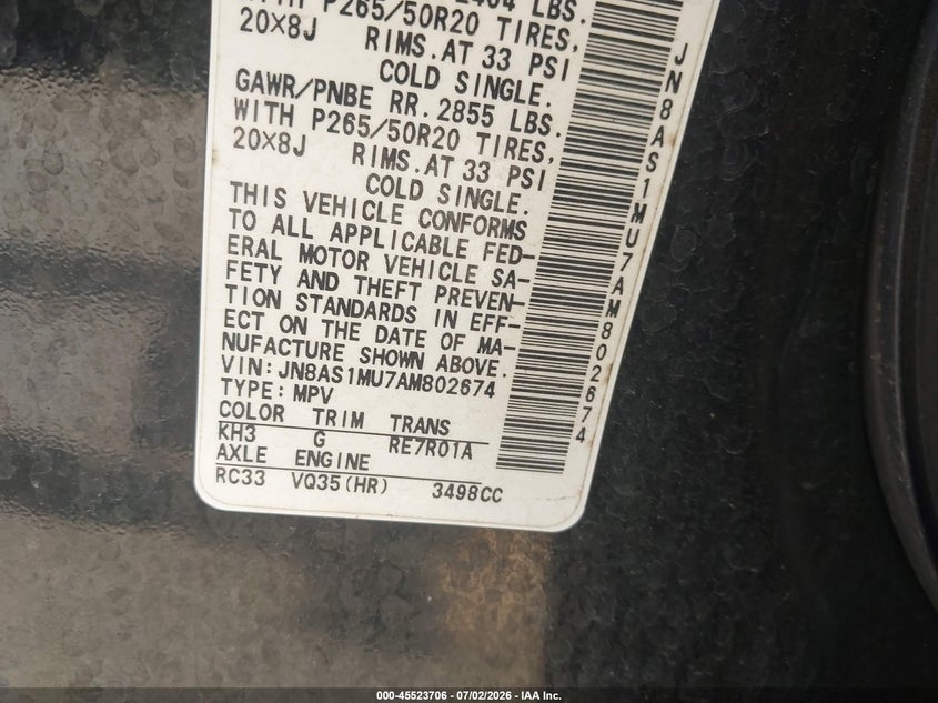 2010 Infiniti Fx35 VIN: JN8AS1MU7AM802674 Lot: 45523706