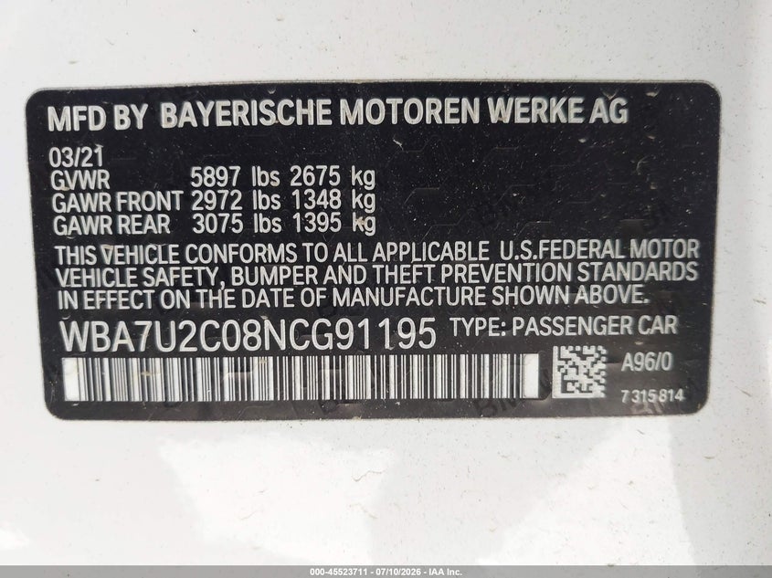 2022 BMW 750 I xDrive VIN: WBA7U2C08NCG91195 Lot: 45523711