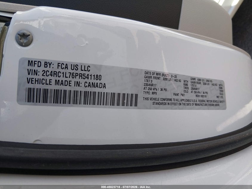 2023 Chrysler Pacifica Hybrid Touring L VIN: 2C4RC1L76PR541180 Lot: 45523718