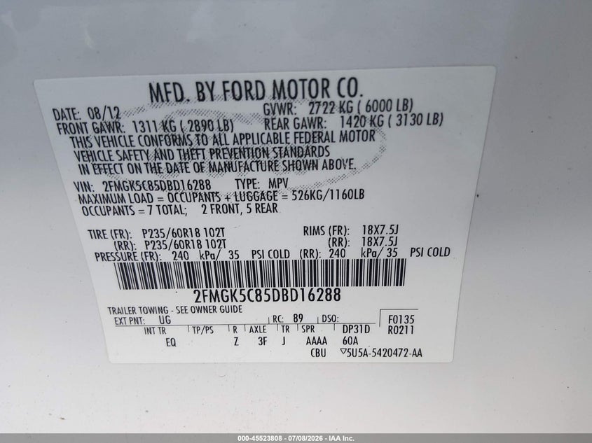 2013 Ford Flex Sel VIN: 2FMGK5C85DBD16288 Lot: 45523808