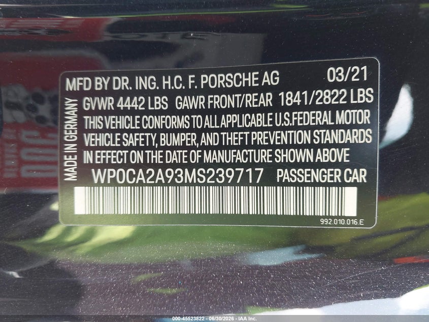 2021 Porsche 911 VIN: WP0CA2A93MS239717 Lot: 45523822