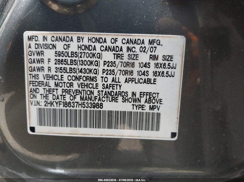 2007 Honda Pilot Ex-L VIN: 2HKYF18637H533988 Lot: 45523836