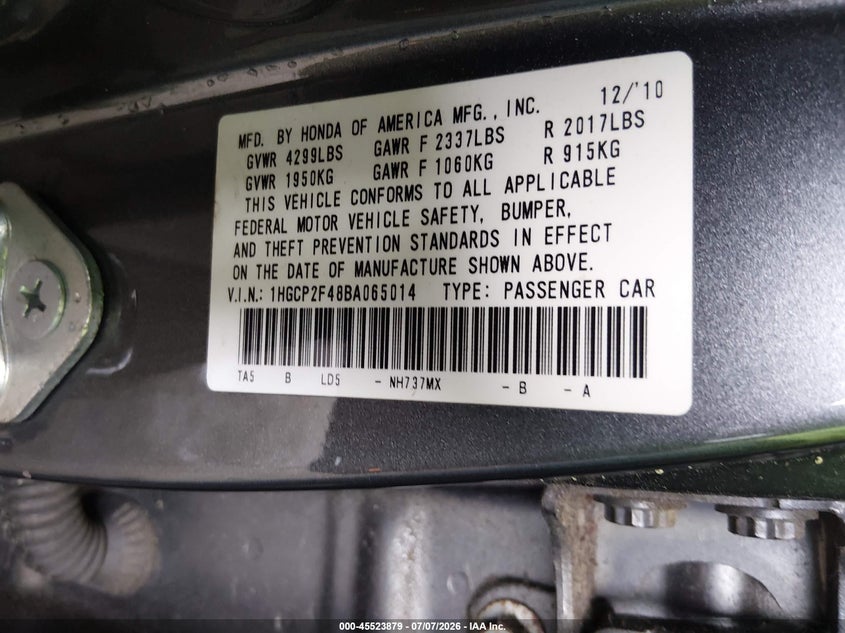 2011 HONDA ACCORD SEDAN 2.4L I-4 DOHC, VVT, 177HP