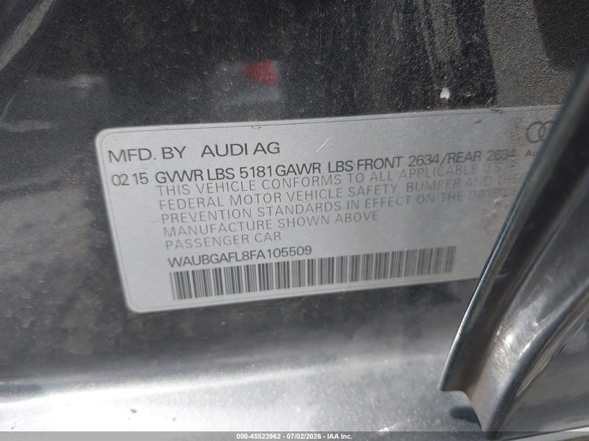 2015 Audi S4 3.0T Premium Plus VIN: WAUBGAFL8FA105509 Lot: 45523962