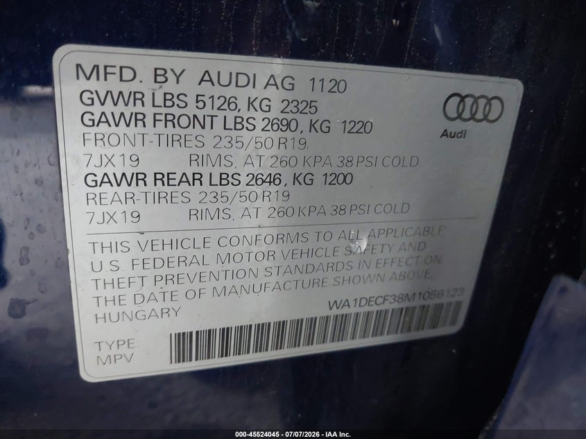 2021 Audi Q3 Premium 45 Tfsi S Line Quattro Tiptronic VIN: WA1DECF38M1056123 Lot: 45524045