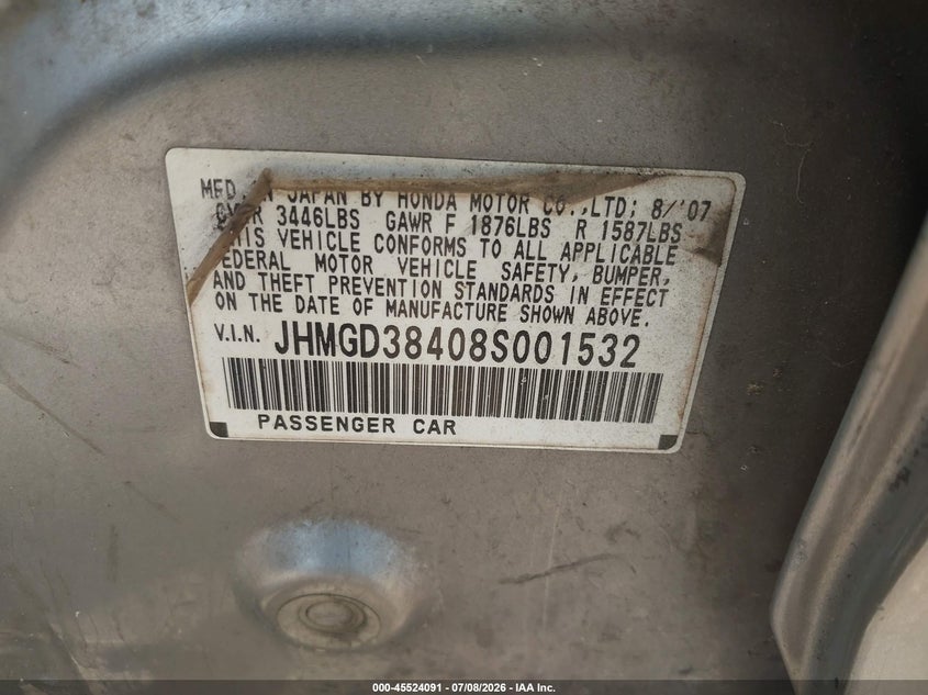 2008 Honda Fit VIN: JHMGD38408S001532 Lot: 45524091