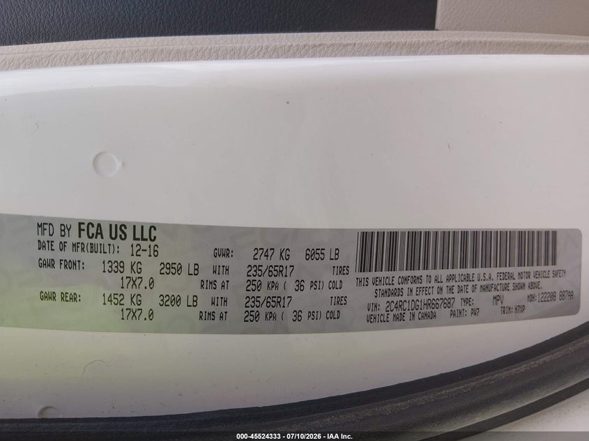 CHRYSLER PACIFICA 2017 VIN 2C4RC1DG1HR667687
