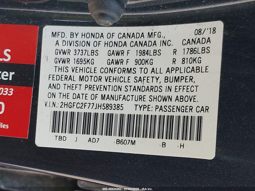 2018 HONDA CIVIC SEDAN 2.0L I-4 DOHC, VVT, 158HP