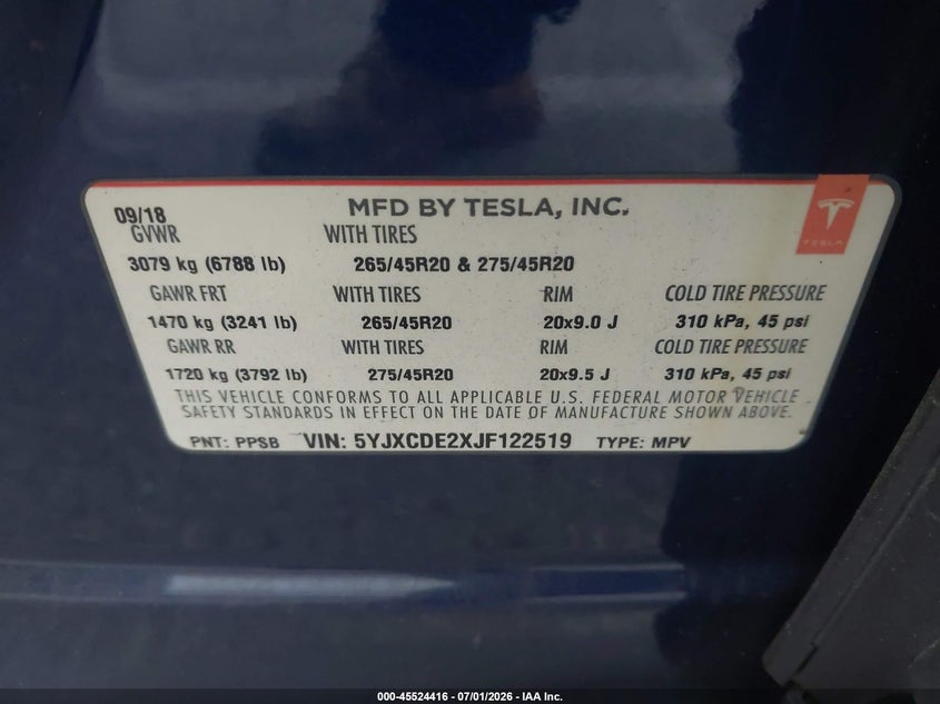 2018 Tesla Model X 100D/75D/P100D VIN: 5YJXCDE2XJF122519 Lot: 45524416