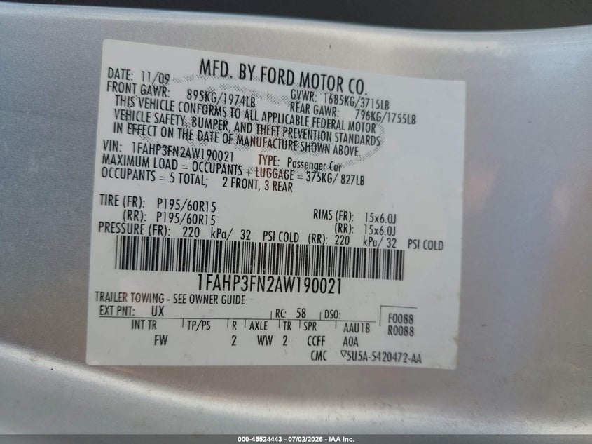 2010 Ford Focus Se VIN: 1FAHP3FN2AW190021 Lot: 45524443
