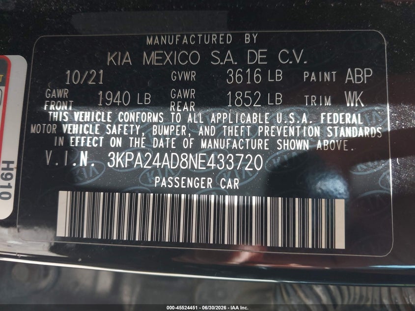 VIN 3KPA24AD8NE433720 2022 KIA RIO LX