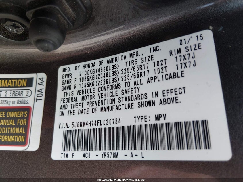 2015 HONDA CR-V SPORT UTILITY VEHICLE 2.4L I-4 DI, DOHC, VVT, 185HP