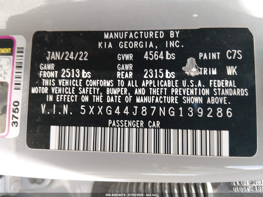 KIA K5 2022 VIN 5XXG44J87NG139286