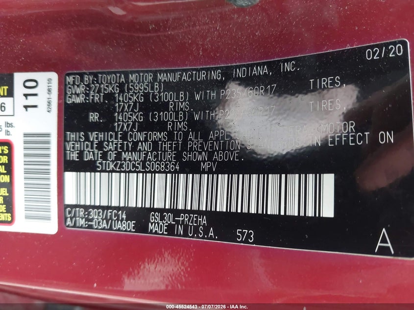 2020 Toyota Sienna Le VIN: 5TDKZ3DC5LS068364 Lot: 45524543