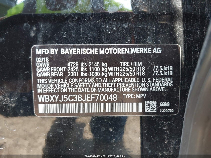2018 BMW X2 xDrive28I VIN: WBXYJ5C38JEF70048 Lot: 45524582