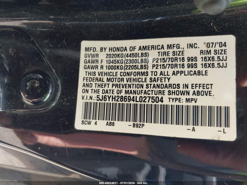 2004 Honda Element Ex VIN: 5J6YH28694L027504 Lot: 45524621
