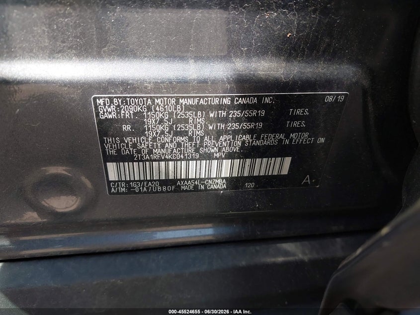 2019 TOYOTA RAV 4 SPORT UTILITY VEHICLE 2.5L I-4 DI, DOHC, VVT, 203HP