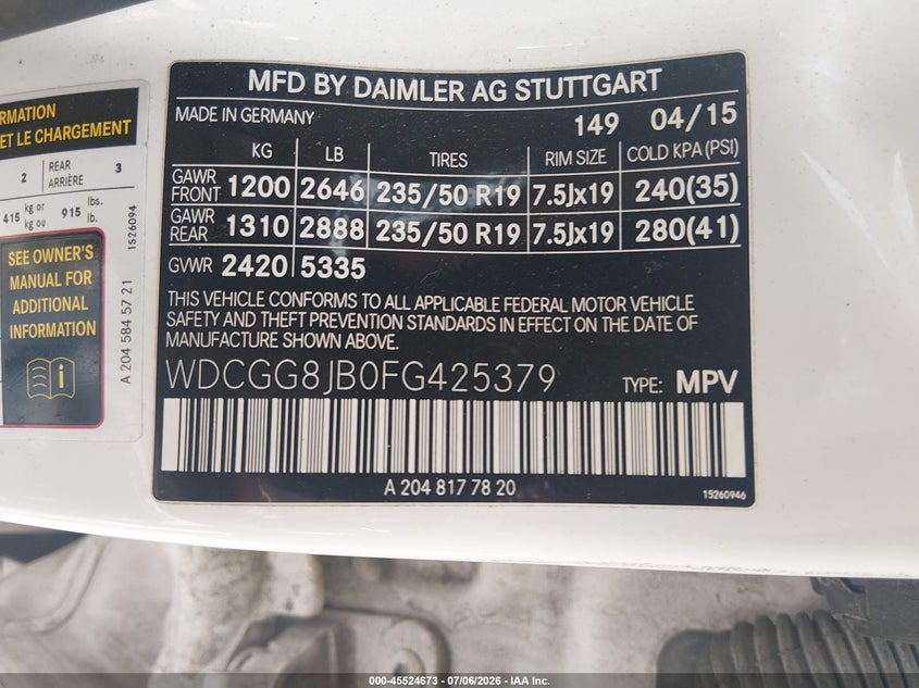 2015 Mercedes-Benz Glk 350 4Matic VIN: WDCGG8JB0FG425379 Lot: 45524673