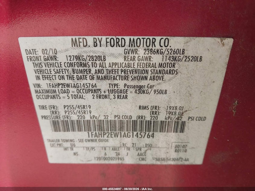 2010 Ford Taurus Sel VIN: 1FAHP2EW1AG145764 Lot: 45524697