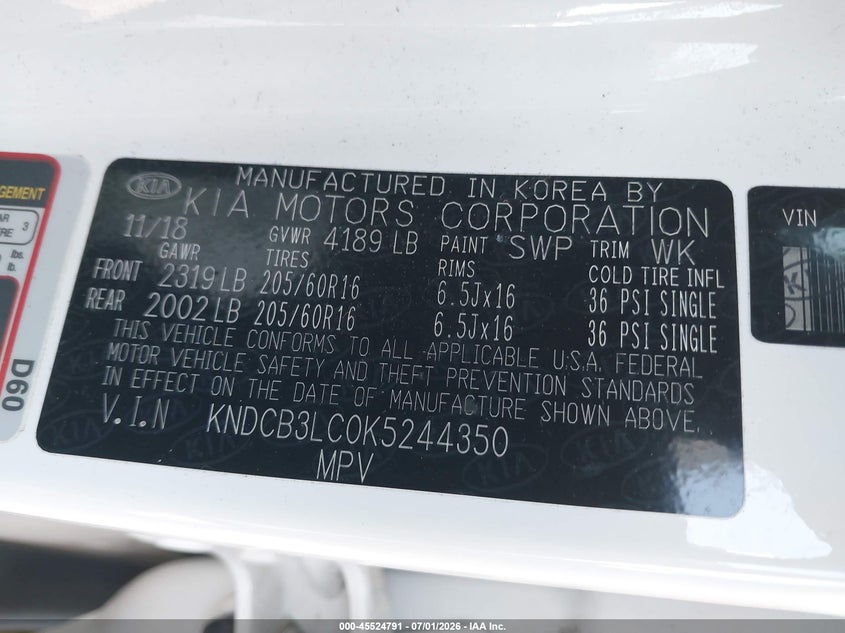 2019 Kia Niro Lx VIN: KNDCB3LC0K5244350 Lot: 45524791