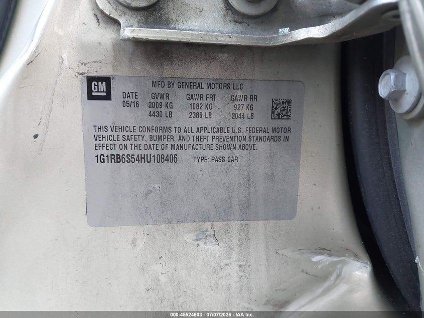 2017 Chevrolet Volt Premier VIN: 1G1RB6S54HU108406 Lot: 45524803