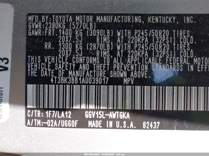 2010 Toyota Venza Base V6 VIN: 4T3BK3BB1AU039017 Lot: 45524863