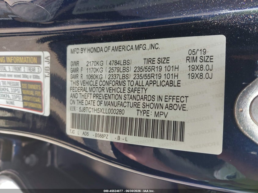 2020 Acura Rdx Technology Package VIN: 5J8TC1H5XLL000280 Lot: 45524877