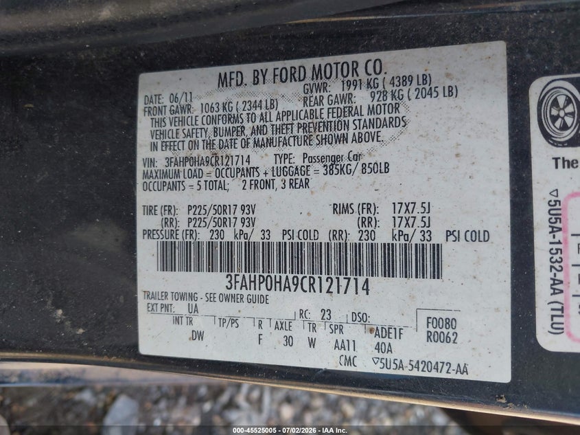 2012 FORD FUSION auction photo 8