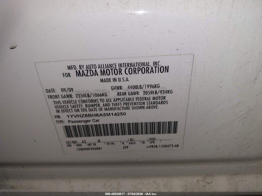 2010 Mazda Mazda6 I Sport VIN: 1YVHZ8BH8A5M14250 Lot: 45525017