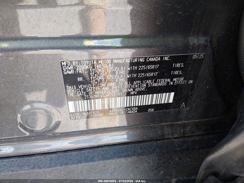 2025 Toyota Rav4 Le VIN: 2T3G1RFV5SW552191 Lot: 45525053