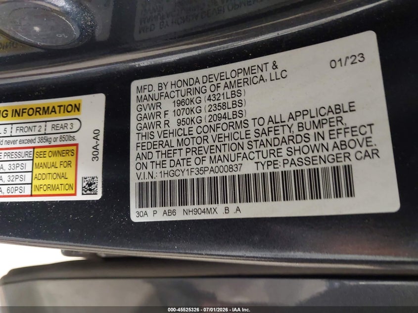 HONDA ACCORD 2023 VIN 1HGCY1F35PA000837